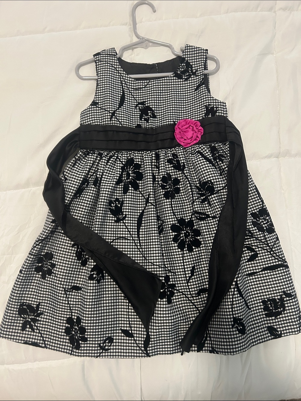 George Black & White Floral Gingham Dress with Pink Rosette Accent
